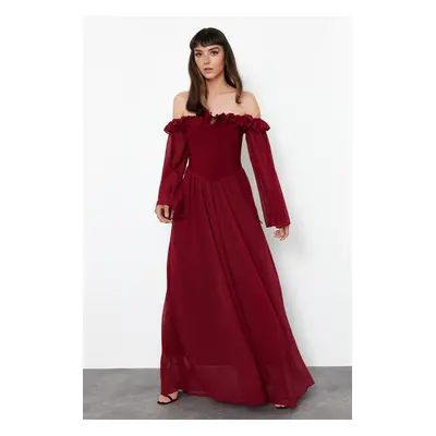 Trendyol Burgundy A-Cut Woven Chiffon Long Evening Evening Dress