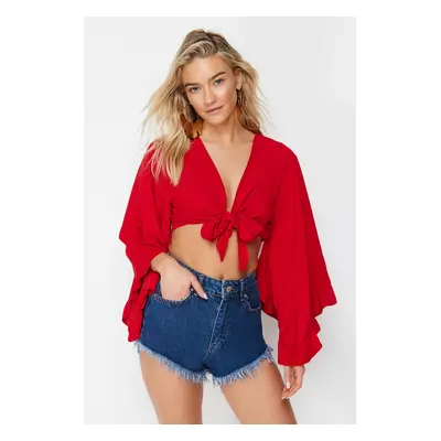 Trendyol Red Crop Woven Flounce Beach Blouse