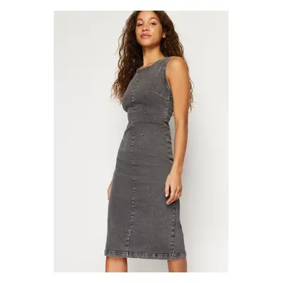 Trendyol Anthracite Fitted Maxi Denim Dress