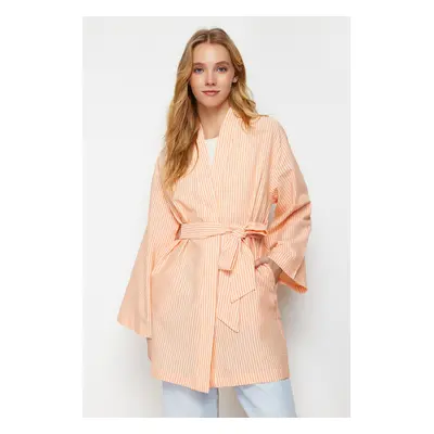 Trendyol Orange Belted Woven Seeerproof Striped Kimono & Kaftan