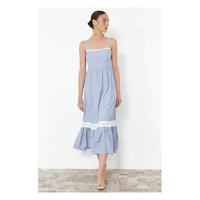 Trendyol Blue Waist Opening Guipure Detailed Maxi Woven Dress