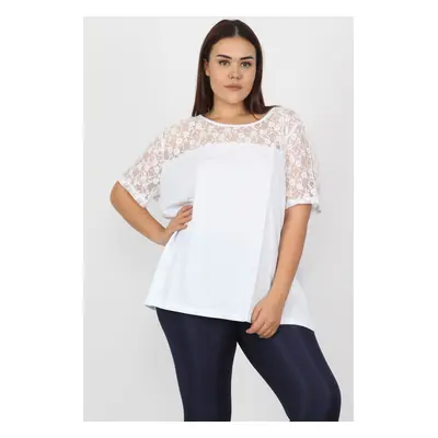 Şans Women's Plus Size White Cotton Fabric Lace Detail Blouse