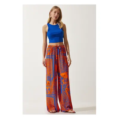 Happiness İstanbul Women's Orange Patterned Flowing Viscose Palazzo Trousers