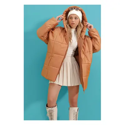 Trend Alaçatı Stili Dámské Velbloudí Kapuce Fleto Pocket Puffer Módní Oversize Down Coat