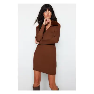 Trendyol Brown Mini Knitwear Faux Für Detail Dress