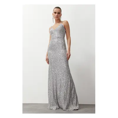 Trendyol Gray A-Line Knitted Sequin Long Elegant Evening Dress