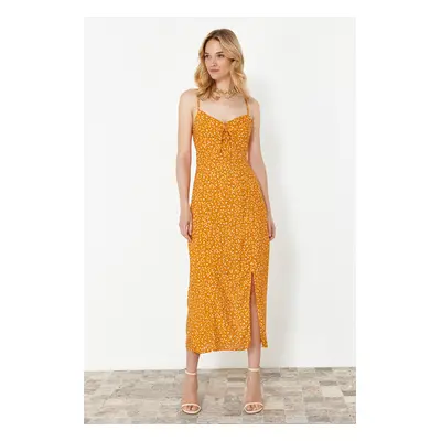 Trendyol Orange Floral Patterned Straight Cut Slit Detail Viscose Midi Woven Dress