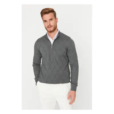 Trendyol Gray Slim Fit Cotton Half Turtleneck Zippered Collar Smart Knitwear Sweater