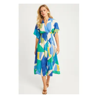 Cool & Sexy Women's Blue Patterned Double Breasted Midi Dress HT108