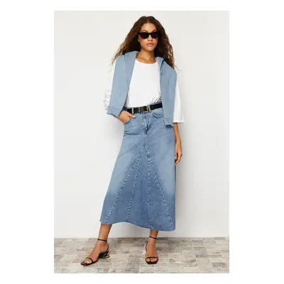 Trendyol Blue Flounce Sewing Detailed High Waist Maxi Denim Skirt