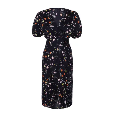 Trendyol Curve Navy Blue Floral Knitted Dress With Double Breasted Collar