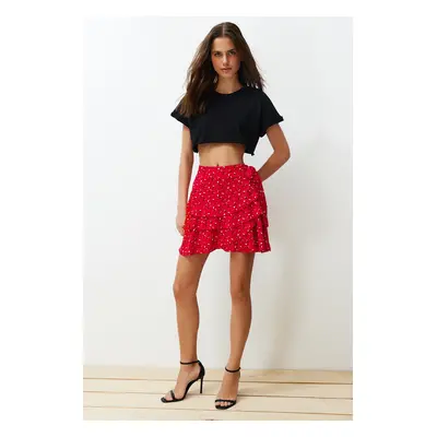 Trendyol Red Floral Patterned Viscose Mini Woven Shorts Skirt