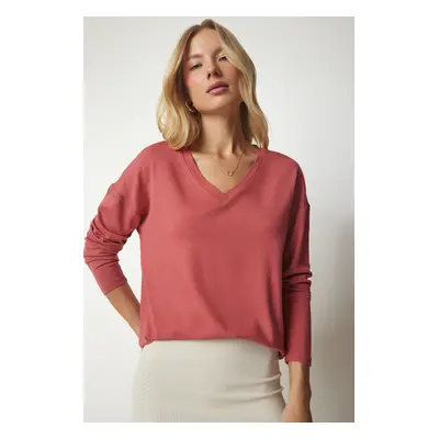 Happiness İstanbul Women's Pale Pink V-Neck Knitwear Blouse