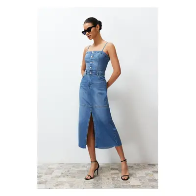 Trendyol Blue Slit Stitch Detail Strappy Maxi Denim Dress