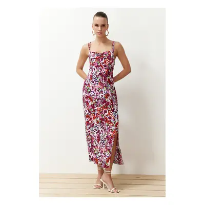 Trendyol Pink Floral A-line Viscose Strap Midi Woven Dress