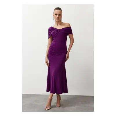 Trendyol Purple Asymmetrical Collar Knitted Stylish Evening Dress