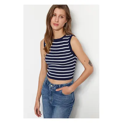 Trendyol Navy Blue Crop Striped Knitwear Thin Blouse