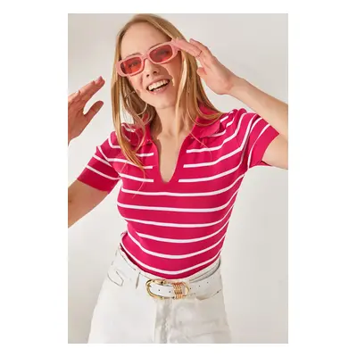 Olalook Women's Fuchsia Polo Neck Striped Crop Knitwear Blouse