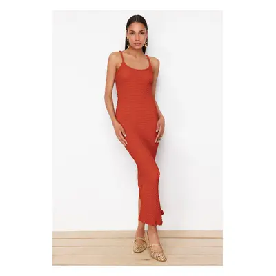 Trendyol Cinnamon Textured Plain Bodycone/Fit Strap Maxi Stretchy Knitted Pencil Dress