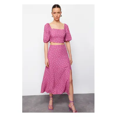 Trendyol Plum Slit Midi Viscose Woven Polka Dot Blouse-Skirt Set