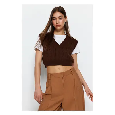 Trendyol Brown Crop Pletený svetr s výstřihem do V