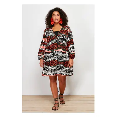 Trendyol Curve Multicolored Ethnic Patterned Double Breasted Voile Beach Dress