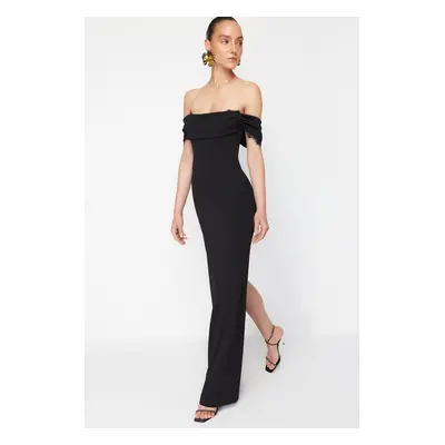 Trendyol x Zeynep Tosun Black Knitted Carmen Collar Lace Long Evening Dress & Graduation Dress