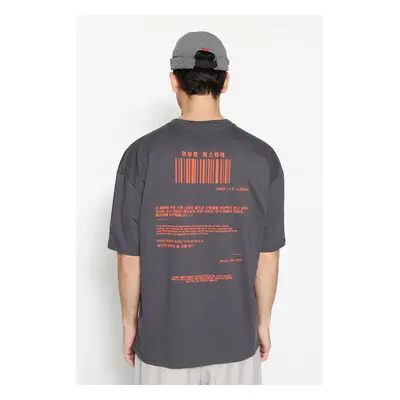 Trendyol Anthracite Oversize/Wide Cut Short Sleeve Far East Printed 100% Cotton T-Shirt