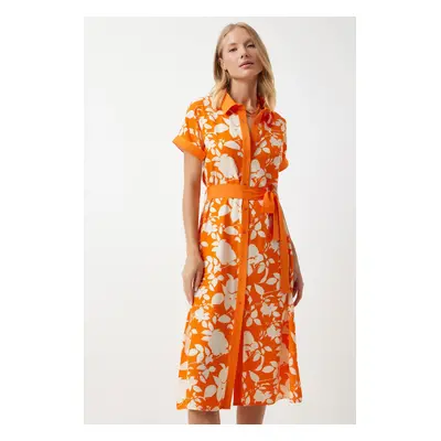 Happiness İstanbul Women's Orange Floral Summer Slim Viscose Dress