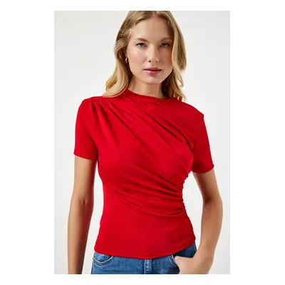 Happiness İstanbul Women's Red Gathered Detailed Viscose Blouse