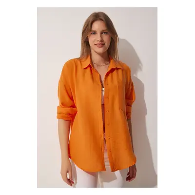 Happiness İstanbul Women's Orange Oversize Linen Ayrobin Shirt