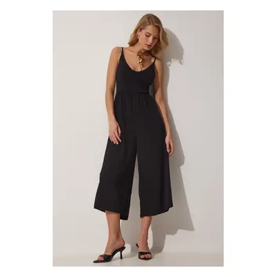 Happiness İstanbul Women's Black Knitted Jumpsuit with Rope Straps V-Neck