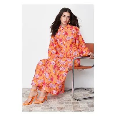 Trendyol Orange Floral Pattern Woven Shirt Dress