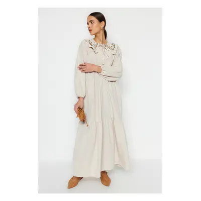 Trendyol Cream Collar Embroidered Half Pat Linen Look Woven Dress