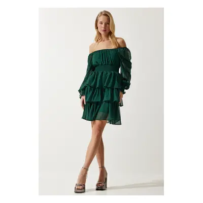 Happiness İstanbul Women's Emerald Green Flounce Chiffon Dress