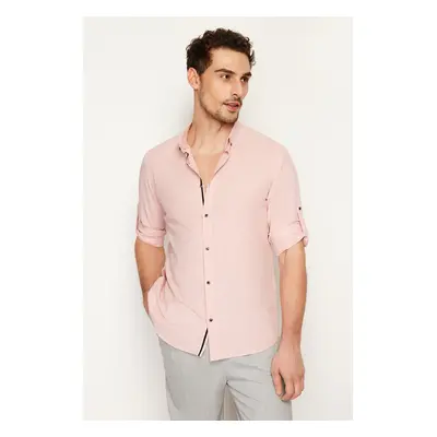 Trendyol Light Pink Slim Fit Button-down Collar with Epaulets 100% Cotton Linen Look Shirt