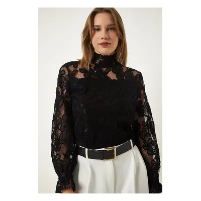 Happiness İstanbul Black High Neck Lace Elegant Blouse