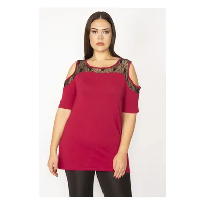 Şans Women's Plus Size Burgundy Lace Detailed Blouse