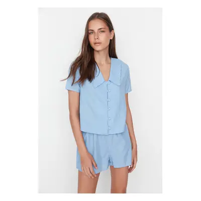 Trendyol Blue 100% Cotton Collar Detailed Shirt-Shorts Woven Pajama Set