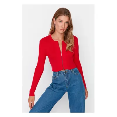 Trendyol Red Crop Zipper 100% bavlna Základní pletený svetr