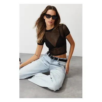 Trendyol Black Mesh Short Sleeve Crop Knitted Blouse