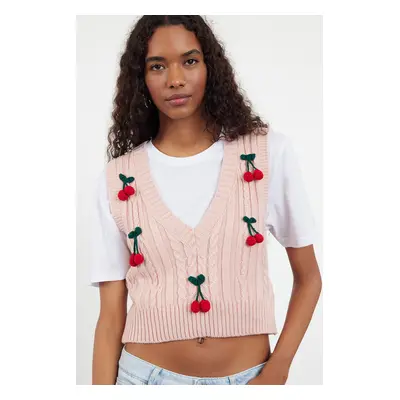 Trendyol Pink Crop Embroidered Fruit Patterned Knit Sweater