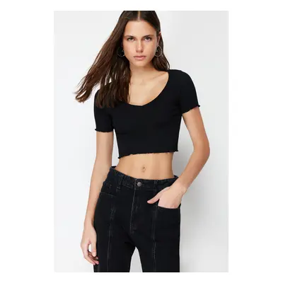 Trendyol Black Pool Collar Baby Overlock Detailed Crop Ribbed Stretchy Knitted Blouse