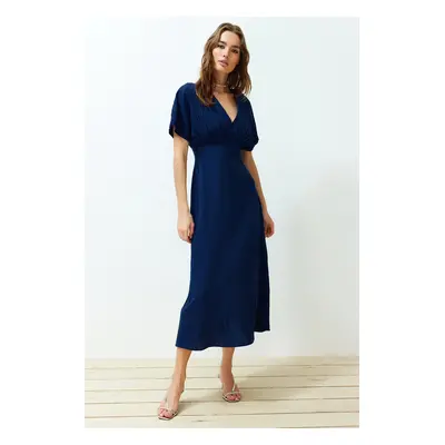 Trendyol Navy Blue A-Line Bodice Detailed V-Neck Maxi Woven Dress