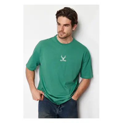 Trendyol Green Oversize/Wide Cut Deer Embroidered 100% T-Shirt