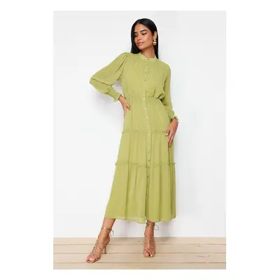 Trendyol Green Sleeves and Waist Gipe Detail Lined Chiffon Woven Shirt Dress