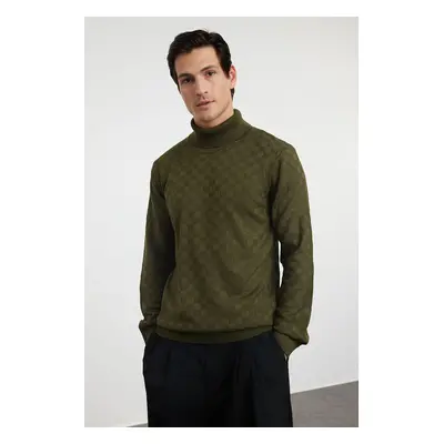 Trendyol Khaki Slim Fit Turtleneck Plaid / Checked Knitwear Sweater