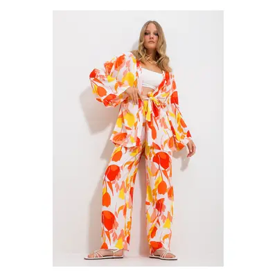 Trend Alaçatı Stili Dámský oranžový kimono kabátek a palazzo kalhotový kostým