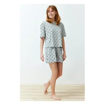 Trendyol Gray Melange 100% Cotton Heart Patterned T-shirt-Shorts Knitted Pajama Set