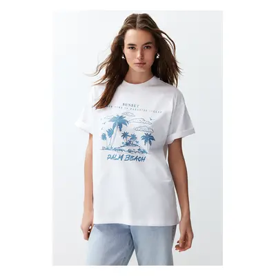 Trendyol White Premium Crew Neck Oversize/Wide Cut Landscape Printed Knitted T-Shirt